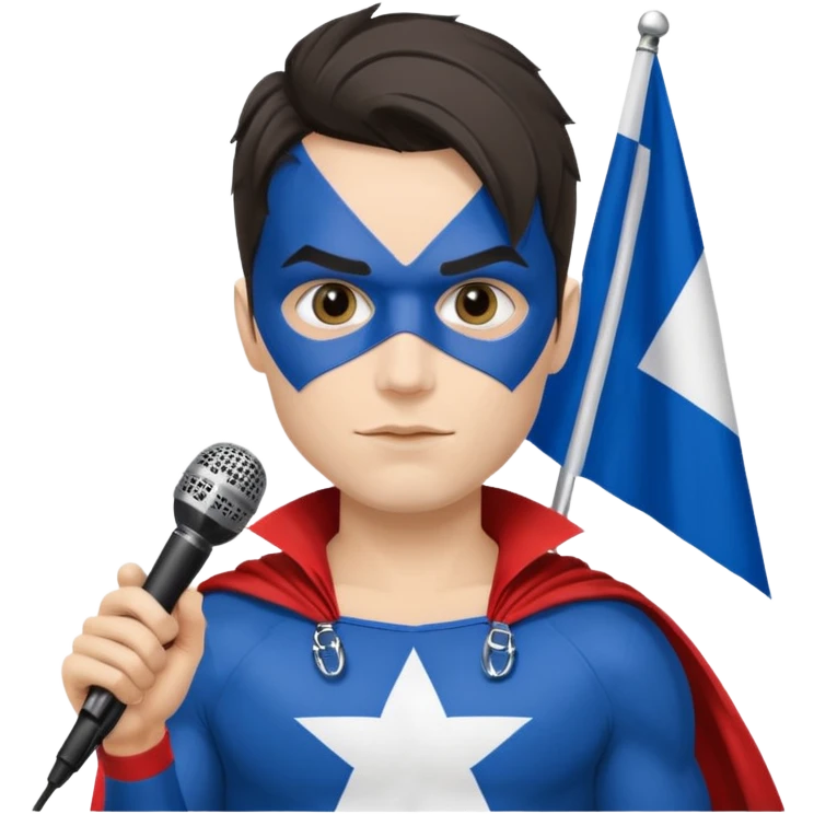 Québécois rockstar w super hero style costume and face paint man w Quebec flag and microphone emoji