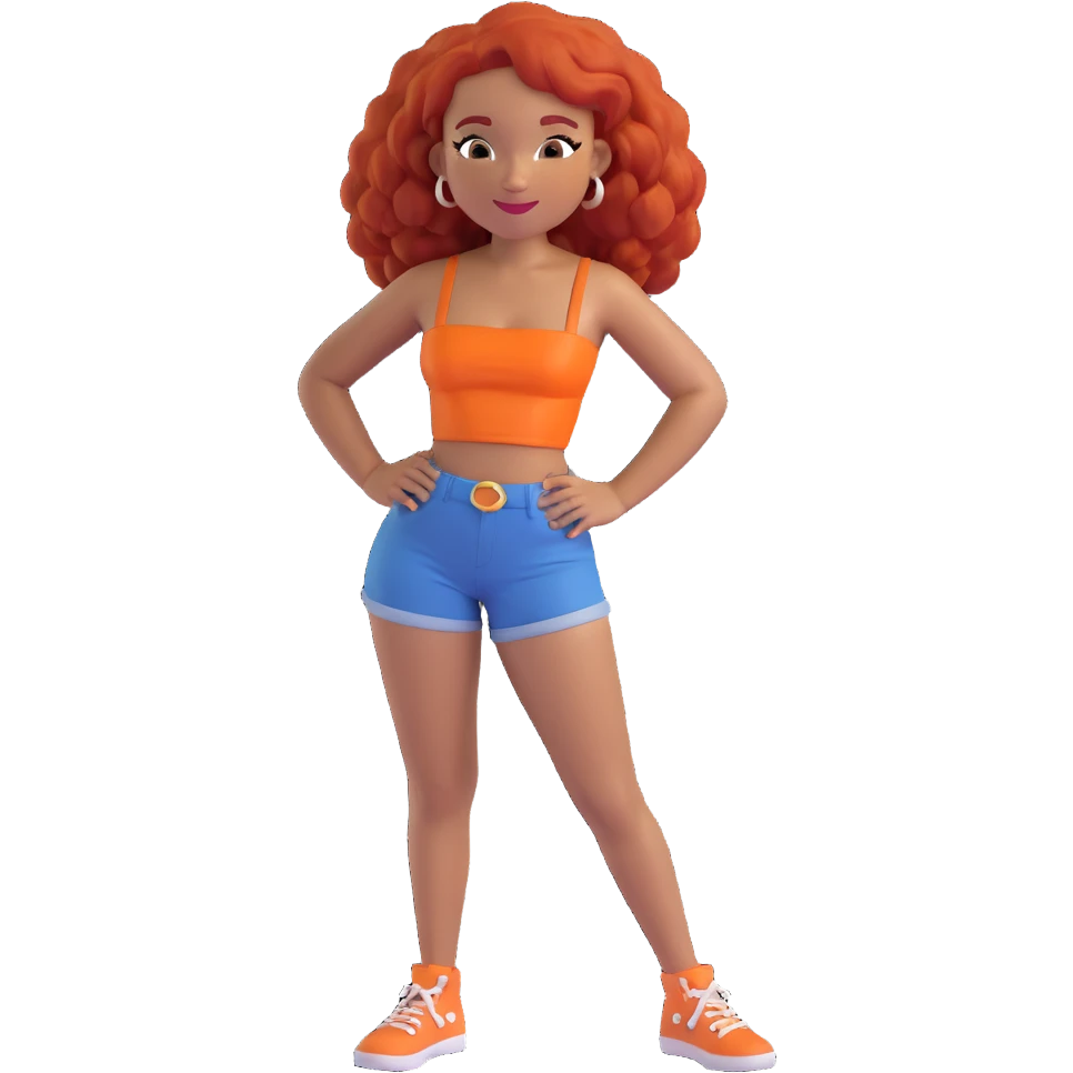 emoji of a light skinned Black woman with red hair, wearing an orange tube top and daisy duke shorts, friendly expression emoji