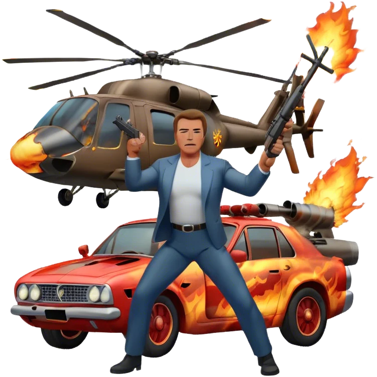 Icon for Action Movies: Arnold Schwarzenegger in the lead role, in an intense action pose with weapons, explosions, a car and helicopter flying out of flames in the background. The design should capture the explosive energy and heroism of classic action films. Transparent background. emoji