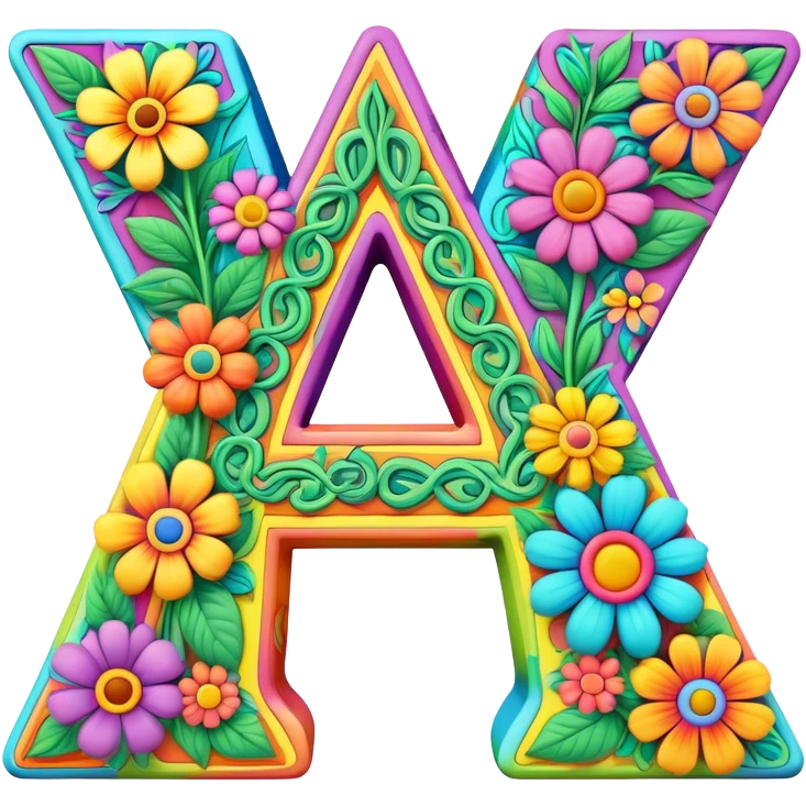 3D style, psychedelic colored Letter A, with hippie style flower border emoji