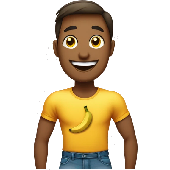 L'emoji montre un jeune homme portant un T-shirt avec une banane souriante dessus et fermant les yeux avec des joues rouges, suggérant un léger sentiment de défi ou d'espièglerie. emoji