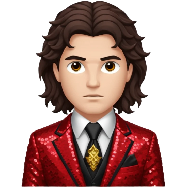 Ares from Greek Mythology with long dark brown wavy hair, red sequin suit jacket and tie, black shirt emoji