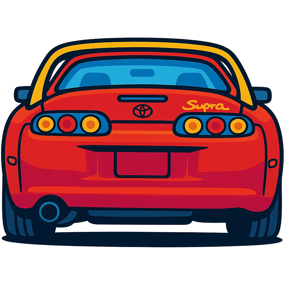 Toyota Supra MK4 rear view, vibrant toon style, distinctive taillights, spoiler emoji