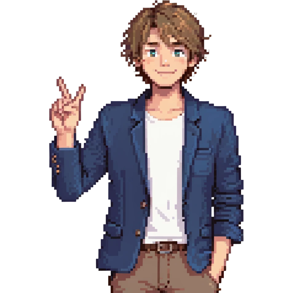 Flat pixel are, lively and clever male debater, fair skin, short messy light brown hair, sharp eyes with a mischievous smile, wearing indigo blazer over a casual t-shirt, one hand raised mid-gesture, waist-up, front-facing emoji
