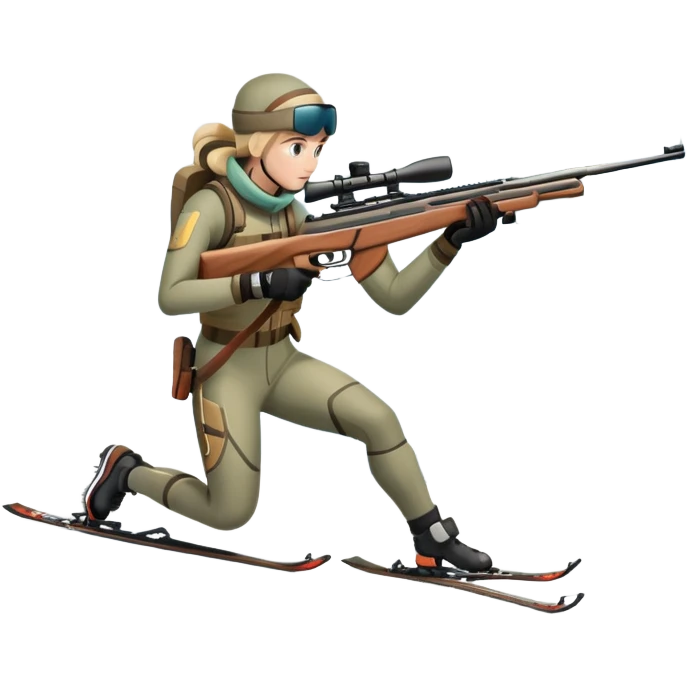 An icon showing a snowy landscape with pine trees, mountains, and a clear sky with a biathlete aiming a rifle in the foreground, wearing winter gear and skis. Transparent background emphasizes the precision, endurance, and beauty of this winter sport. emoji