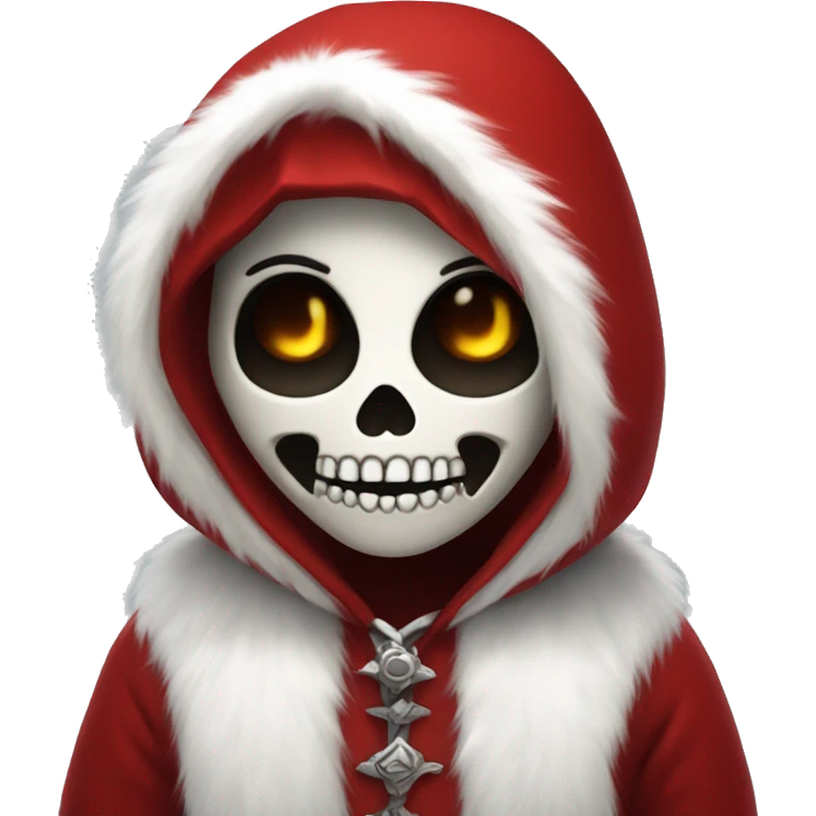 Cute young skull wearing a red velvet hood with white fur trim. emoji