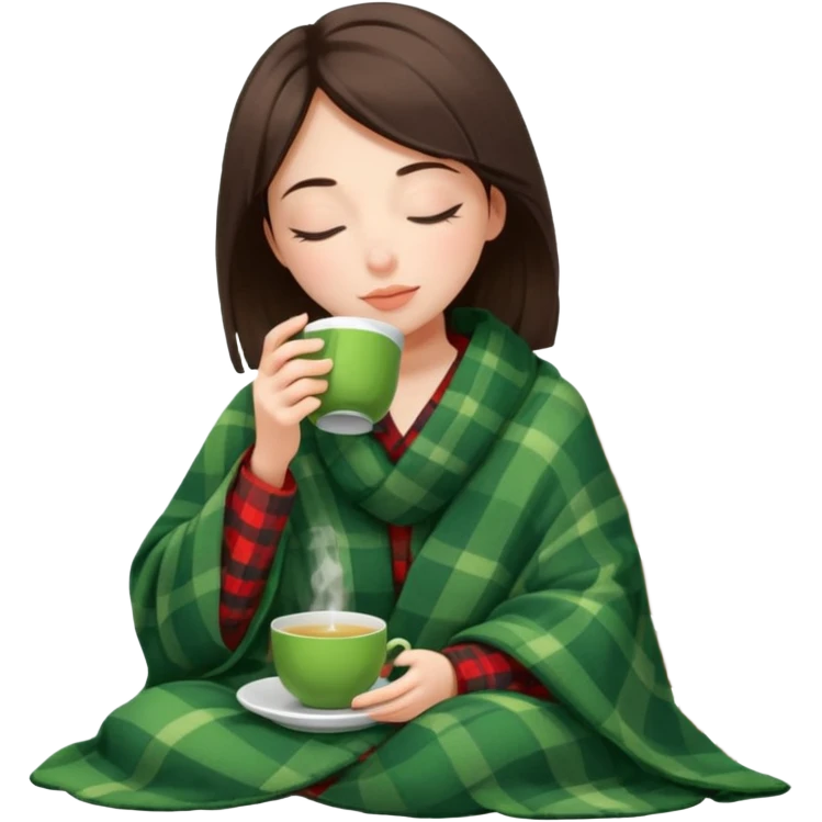Девушка в клеточном под одеяле  сидит и пьёт с закрытыми глазами зеленый ароматный чай  emoji