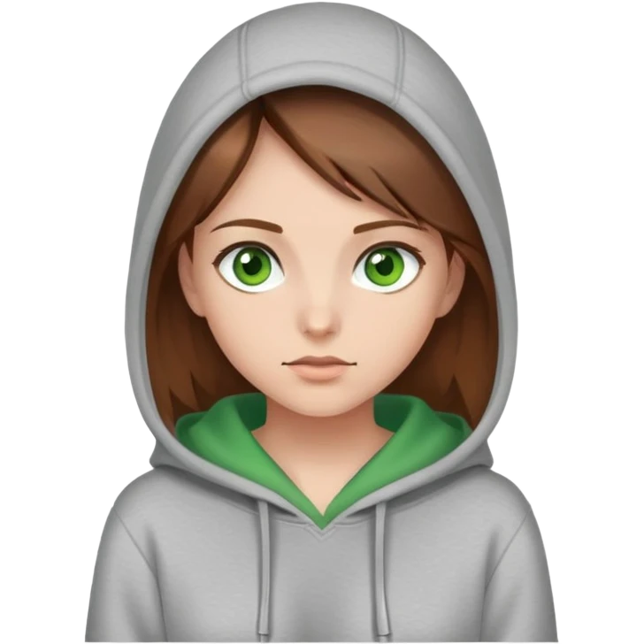 The girl is an artist with brown hair, green eyes and a gray hoodie emoji