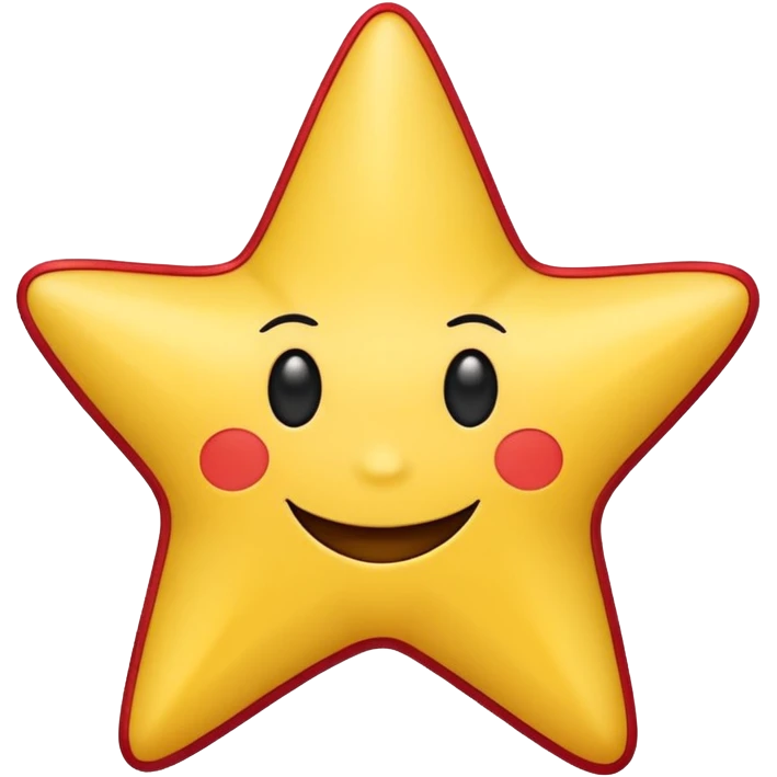 A friendly, cartoon-style yellow star with a cheerful, smiling face. The star should have smooth, rounded edges and a soft red outline along its right side and bottom edge. Its expression includes two small curved black eyes, a small curved eyebrow, and a wide, friendly black smile emoji