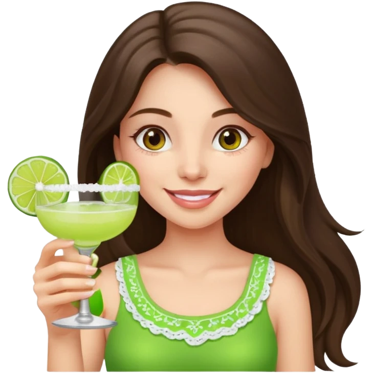 happy long haired brunette girl hazel eyes in light pink holding a margarita   emoji