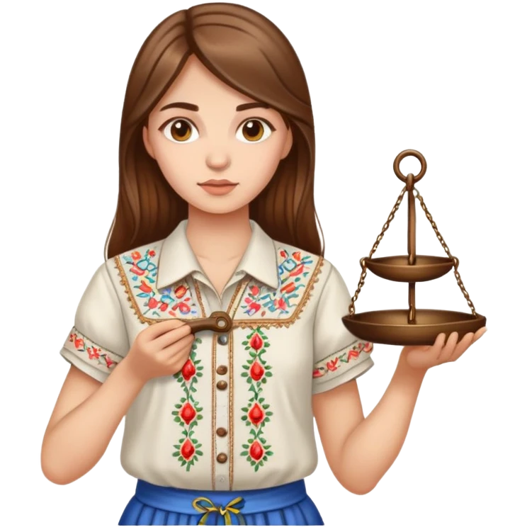 A Ukrainian girl with brown hair in an embroidered shirt holds the scales of truth in her hand emoji