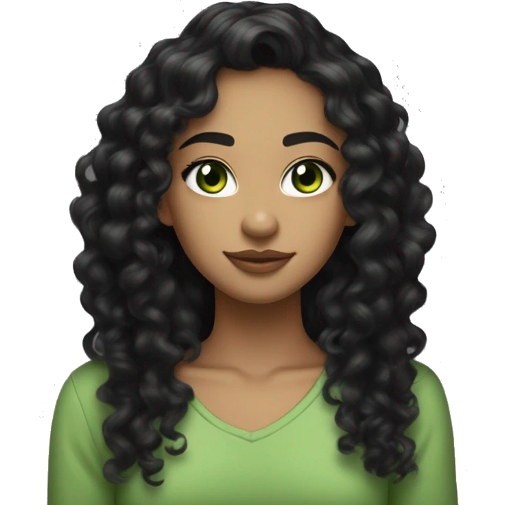 long curly black hair,eyes with a hint of green, eyes positive  canthal tilt ,medium thick shaped eyebrows , and medium thin lips, round face shape, soft jawline, full body, teen, sensual, american emoji