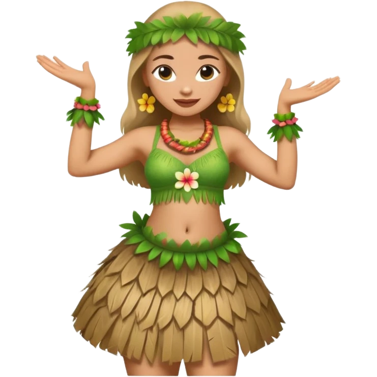 Hawaiian hula dancer performing a hula pose, wearing a coconut bra and green skirt, classic emoji style emoji