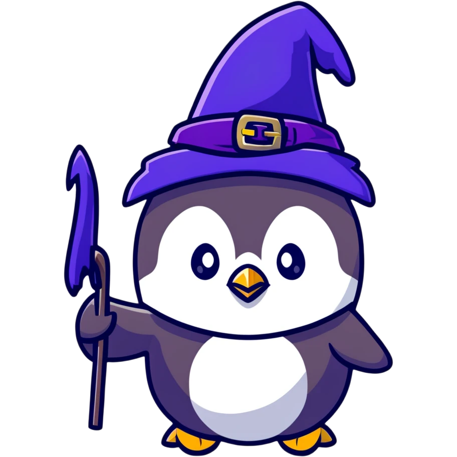 wizard penguin with a purple wizard hat emoji