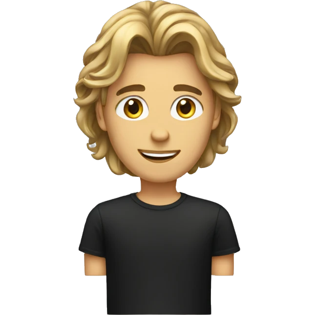 An beautiful guy with side curtain hairstyle long hairs and black tshirt, beautiful eyes  emoji