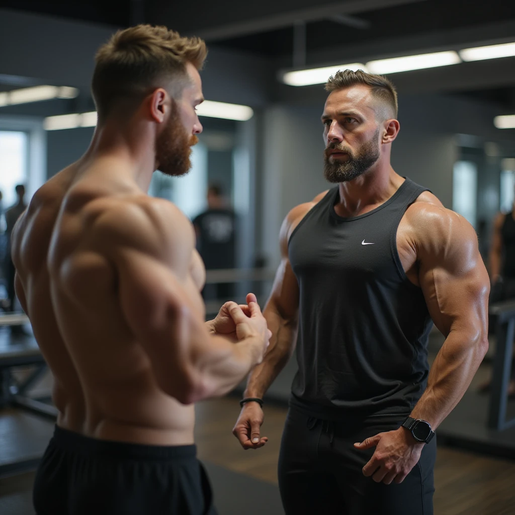 hyperrealistic 4K scene of bodybuilding coach talking with a client in a gym, both in sportswear, motivational atmosphere, detailed gym environment with equipment in the background, serious and focused expressions emoji