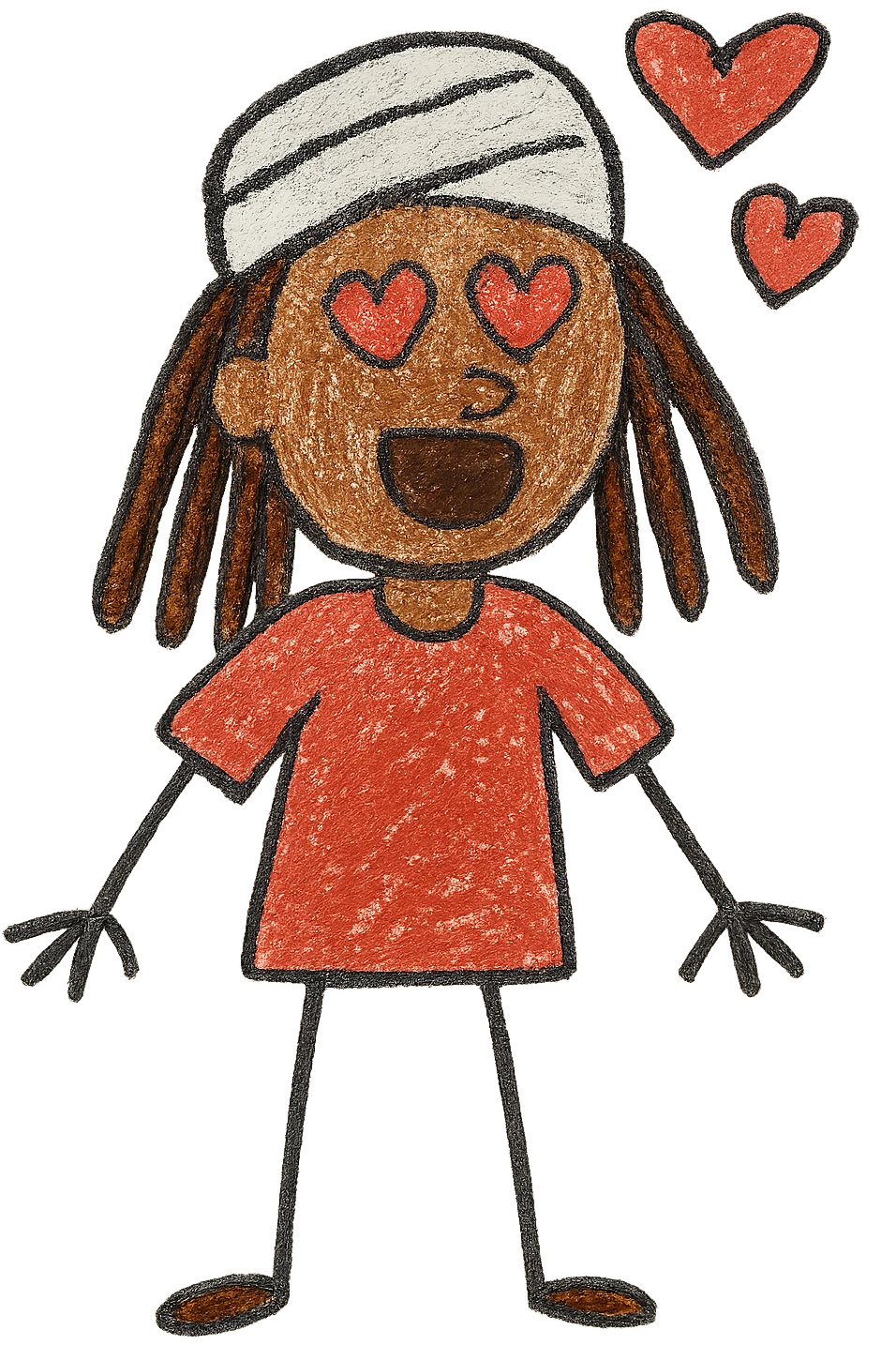 Brownskin man with long brown dreadlocks 
red t-shirt 
white turban 
expression is in love 
his eyes mouth open  emoji