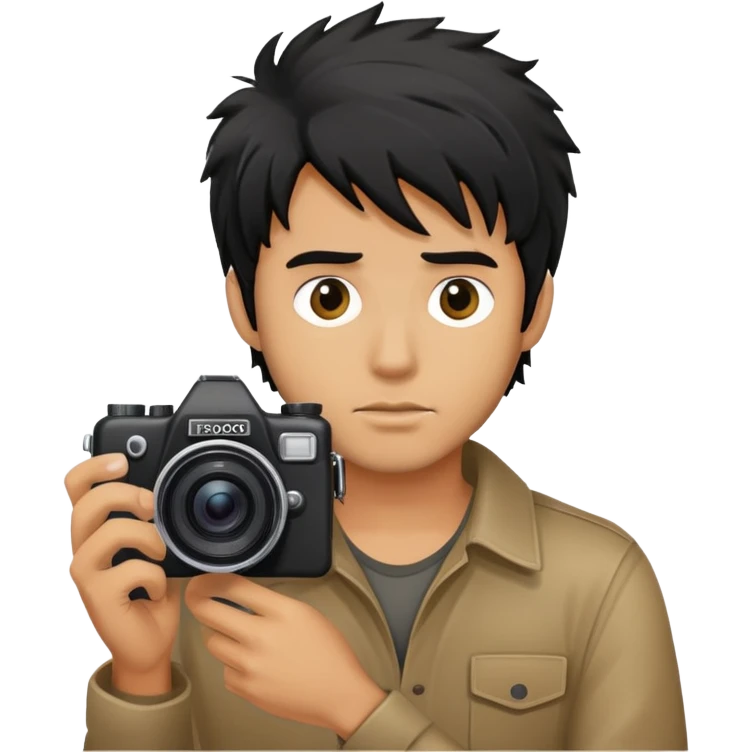 a man with black messy hair with one camera taking a photo emoji