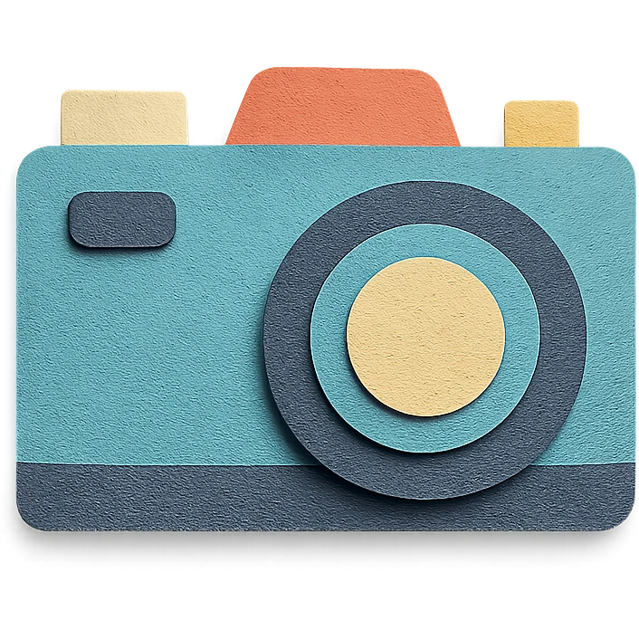 cute film camera, paper craft style, handmade, colorful paper textures emoji