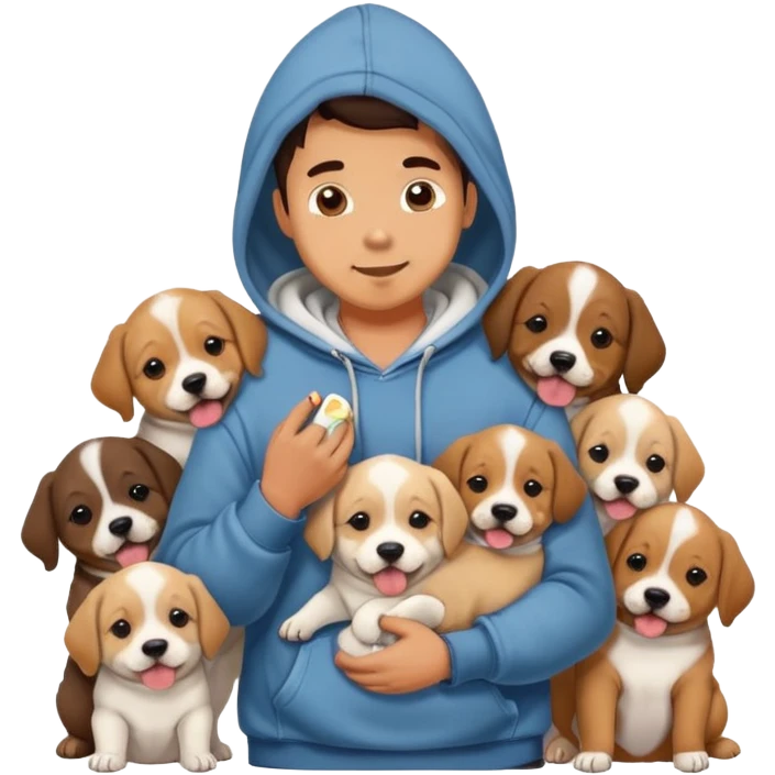 Cute dog lover boyfriend with soft smile, surrounded by puppies, wearing hoodie and jeans, one dog licking his face emoji