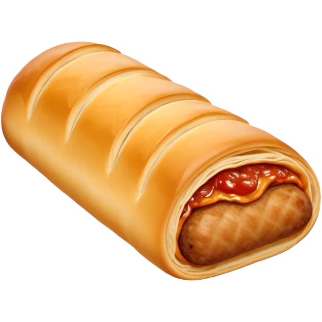 cinematic-realistic-sausage-roll-dish-emoji,-depicted-with-a-crisp,-golden-pastry-wrapped-around-flavorful-sausage,with tomatoe sauce on top emoji