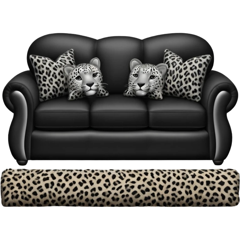 detailed, hyperrealism, still life style, beautiful realistic black leather sofa, with a realistic black, white and gray leopard print fuzzy blanket and black velvet pillows with a 2D appearance, to appear realistic  emoji