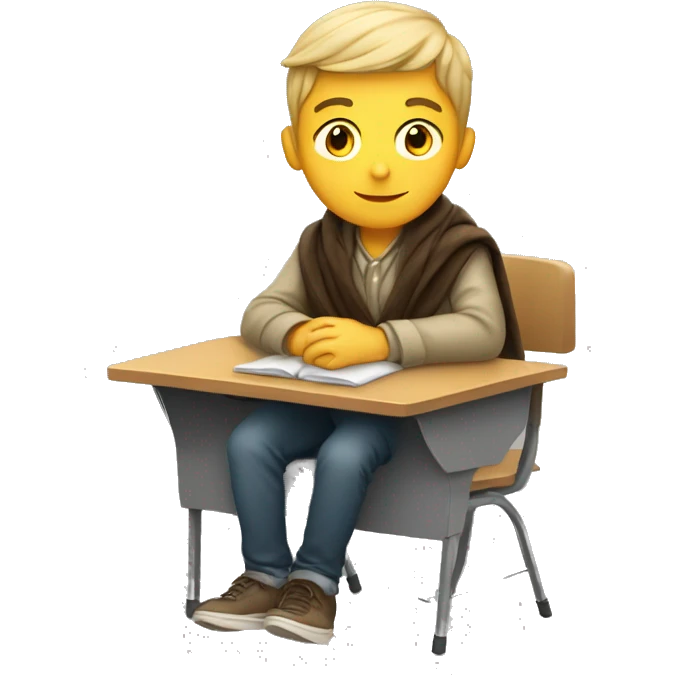 white boy sitting in a school desk with a blanket wrapped around shoulders emoji