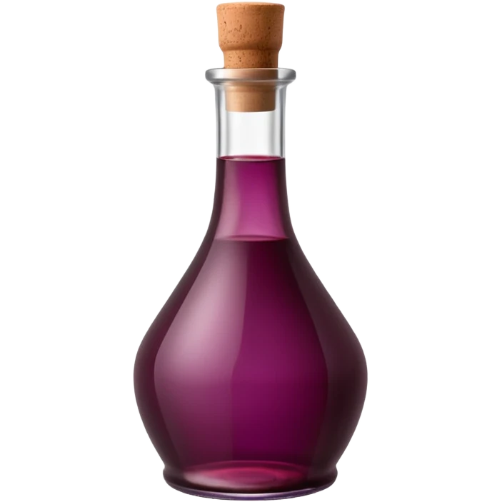 clear glass bottle filled with deep reddish-purple vinegar, slightly translucent, rich hue, upright, smooth curves, narrow neck, simple neutral cork or cap, no label, soft lighting, subtle shadows, transparent background, emoji scale emoji