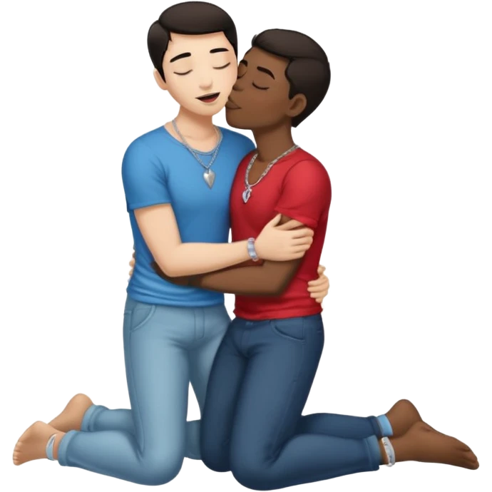 1 White adult male dark hair ,1 dark skin adult male silver necklace, nude,kissing tongue open mouth close eyes,full body view, spooning on floor, touching,in love ,crotch emoji