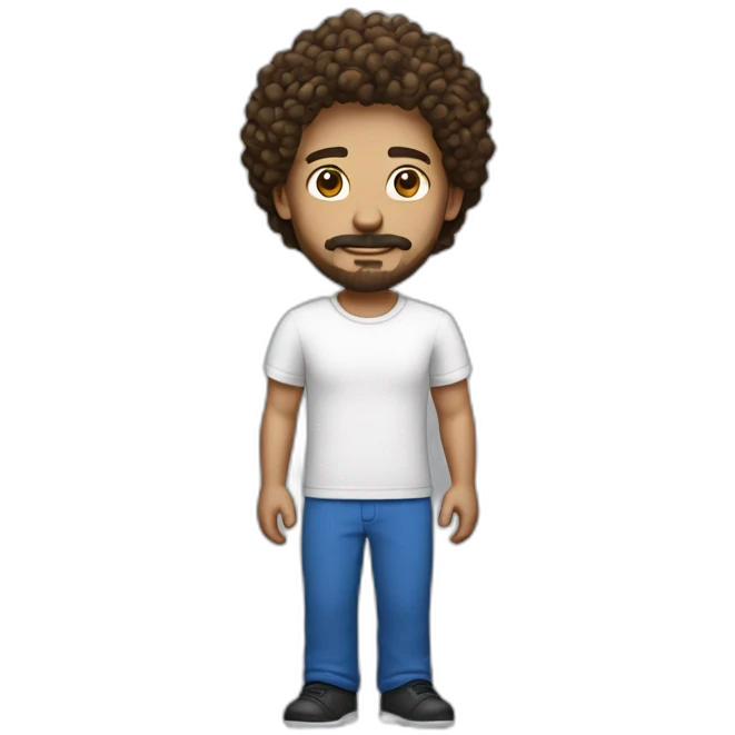 a white brown man with a small beard with a mustache with curly hair a wide white tshirt and wide blue pants emoji