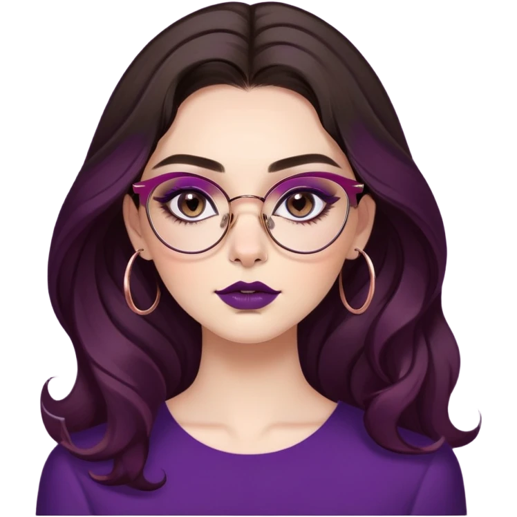 young woman with fair skin, brown almond shaped eyes with smoky eyeliner and long eyelashes, full arched eyebrows, long dark brown wavy hair with purple tips, rose gold cat eye glasses, a downturned nose with a ring in the left nostril and full lips with dark berry lipstick emoji