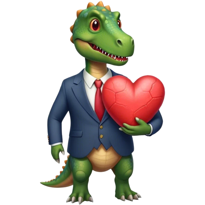 old dinosaur in a suit holding a very big heart emoji