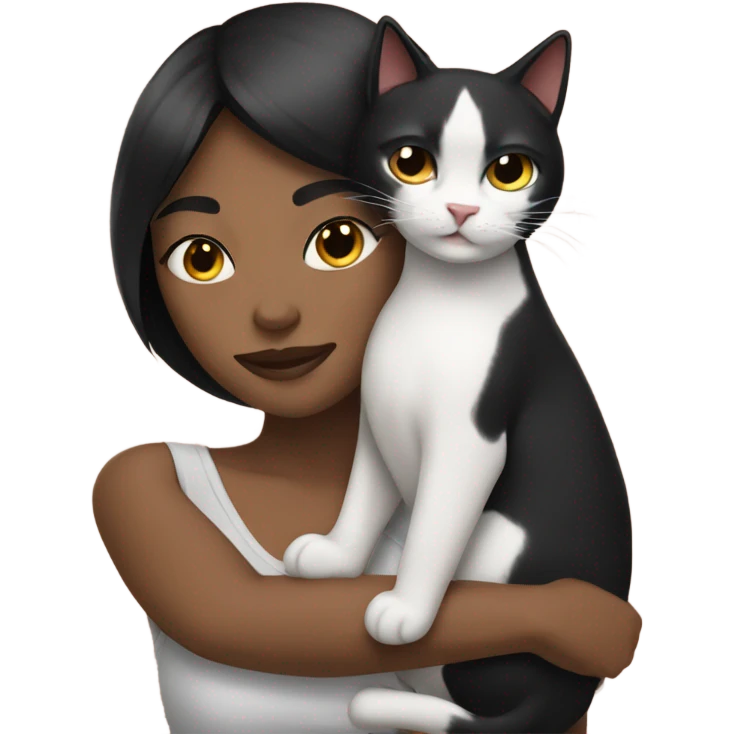 Brown woman with black hair hugging a black and white cat  emoji