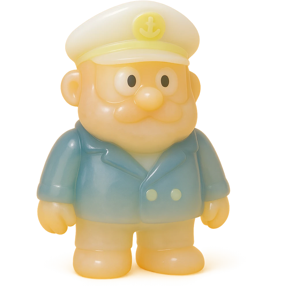 full-body boat captain, retro 90's toy style, very transparent and slightly see-through, natural tan skin, white captain's hat, navy jacket, derpy eyes, soft plastic texture, soft reflections, soft and squishy, some cloudiness, not shiny, highly detailed, appealing, no tag, no background, match style and proportions of provided pirate reference emoji