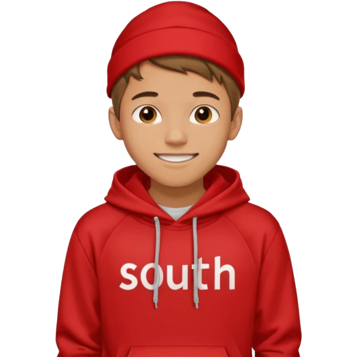 make me an emoji of an americain 19 yearold boy in a red hoodie that says "south" on it and give him with tan skin with his hands in his pockets with the sleevs pulled up grining with a jaw line  emoji