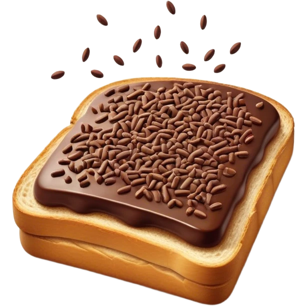 Hagelslag Cinematic Realistic Hagelslag Treat Emoji, depicted as crunchy chocolate sprinkles scattered on a slice of buttered bread, rendered with vivid textures and playful, inviting lighting. emoji