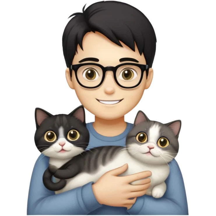 Young man with warm yellow-toned skin, long face, black back-length hair, large eyes, thin-rimmed square glasses, smiling gently while holding a grayish-white Munchkin cat with short legs and a gray patch under its mouth emoji