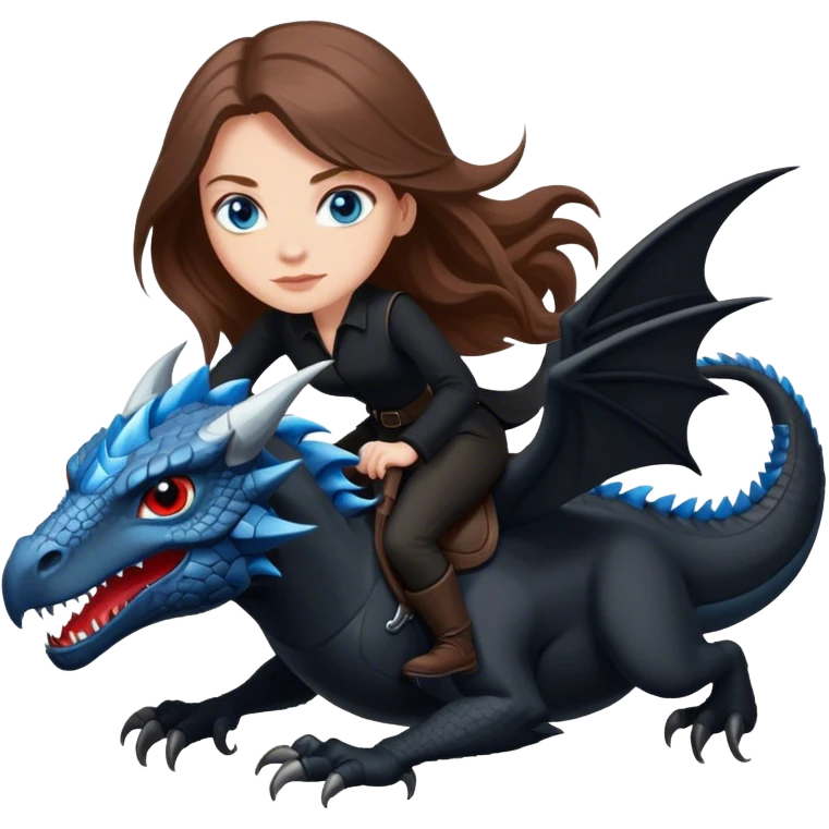 Me, a white female with long brown hair, and blue eyes, wearing nothing but black clothes, and riding a VERY BLACK wyvern/dragon with HINTS of RED, to your work emoji
