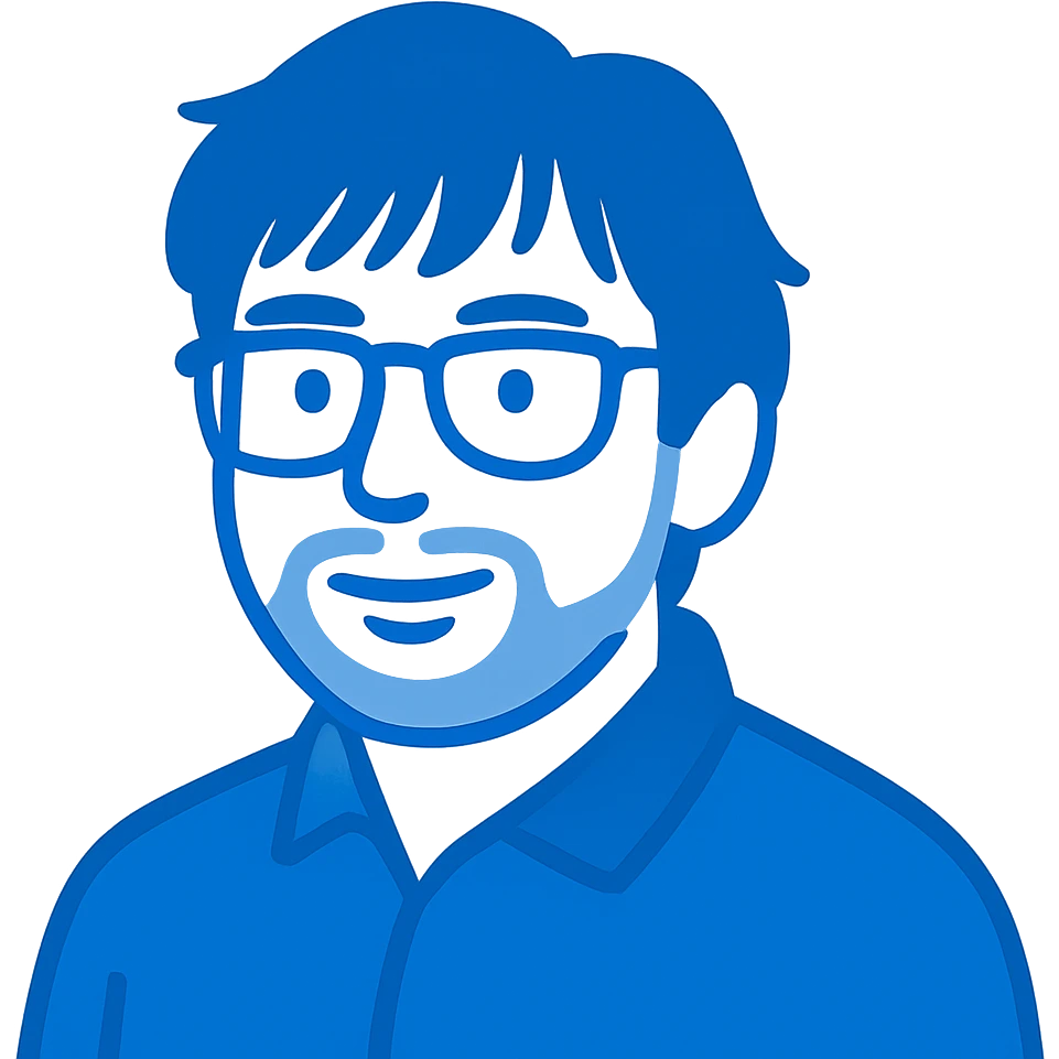 A man with glasses, longer messy hair with bangs, a round face shape but not overweight, a broader nose, and a short fine beard. Using blue colors instead of black for the lines and details. emoji