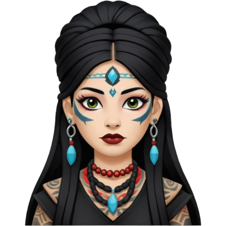 white shaman woman black clothes black accesories face tattoos emoji