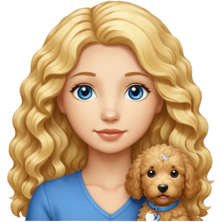 Long blonde hair, blue eyed woman with wavy blond goldendoodle emoji