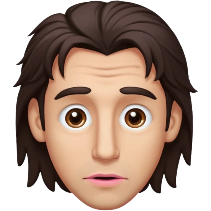 Handsome white man with big brown eyes thin pink lips long nose and dark brown messy hair cover his forhead and hair coming in eyes emoji