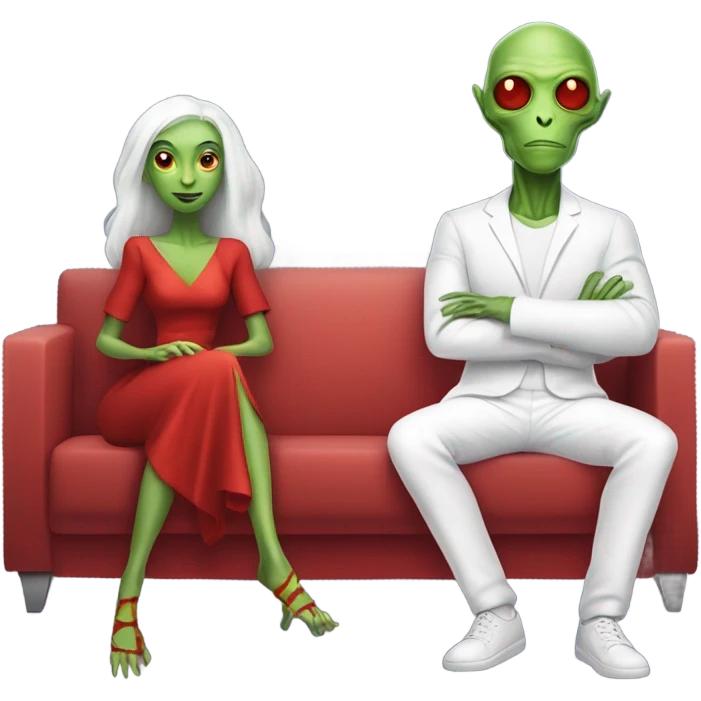 alien reptilian woman in red dress, normal human male in white dress, sitting on a couch  emoji