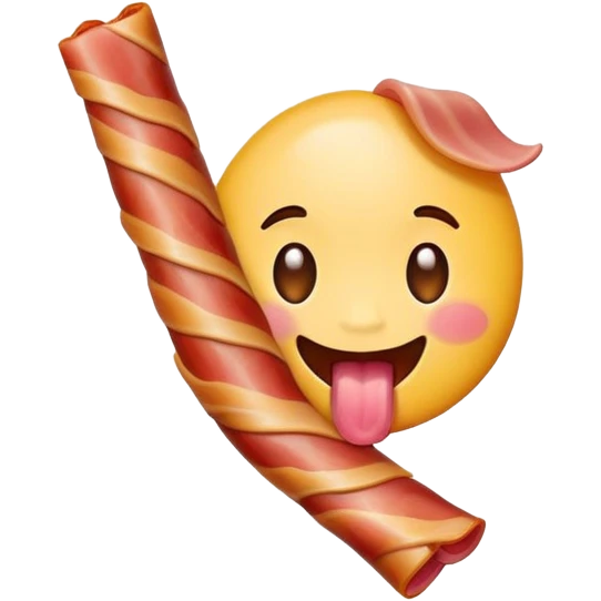 tongue out emoji holding a bacon strip, playful pose emoji