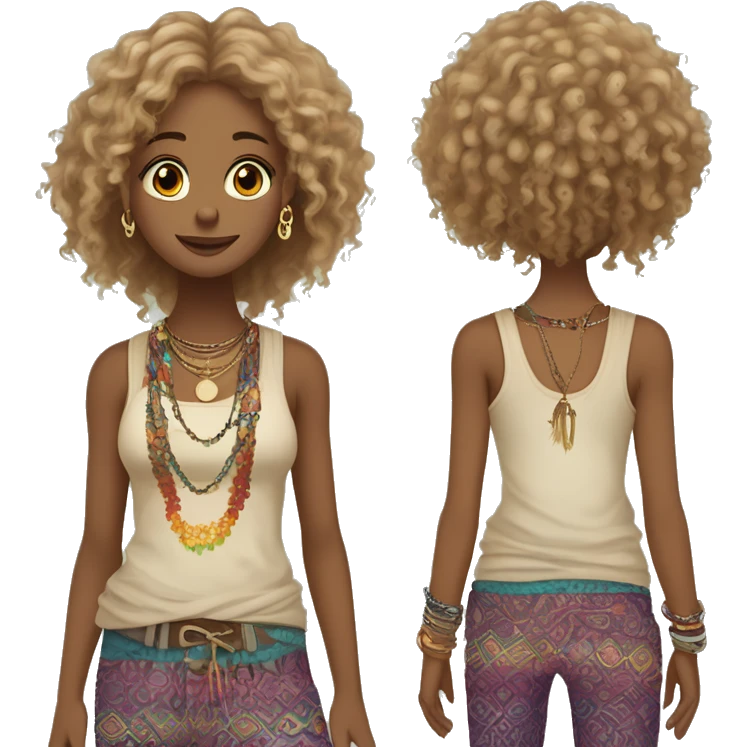 Hippie girl with curly dirty blonde hair, hazel eyes, baggy colorful pants and a tank top, LOTS OF bohemian bracelets and jewelry emoji
