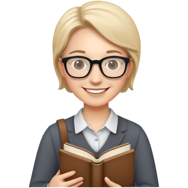 English teacher holding a book, smiling, wearing glasses emoji