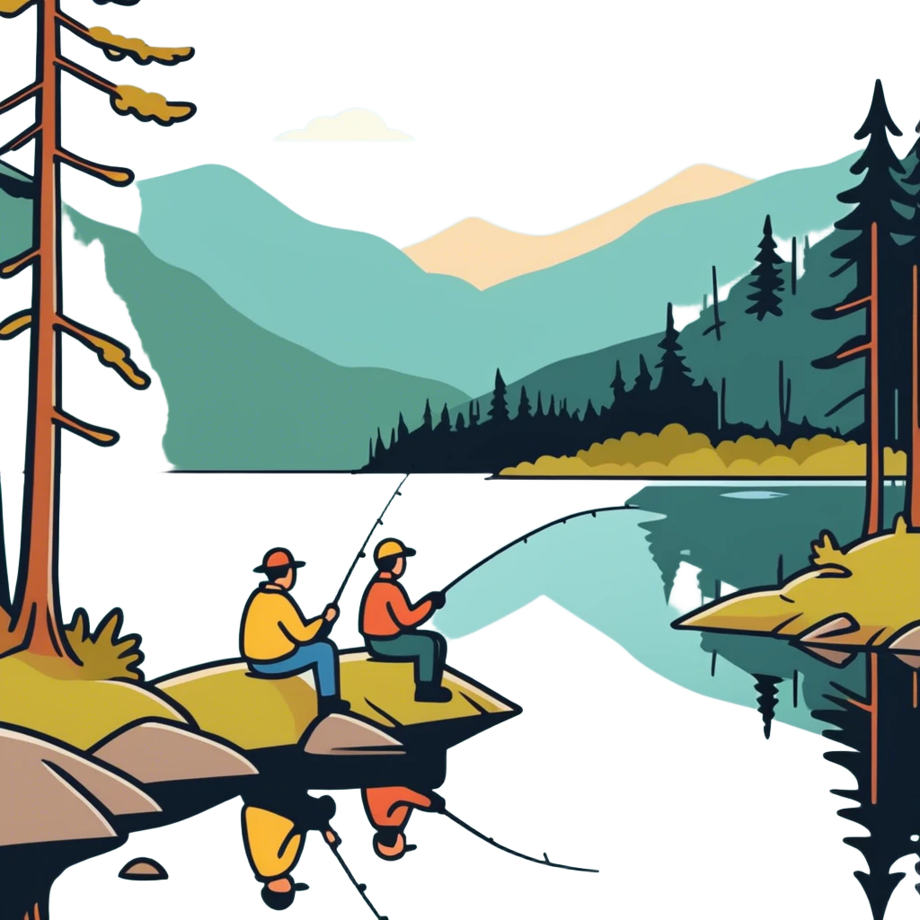 two men fishing at a forest lake emoji