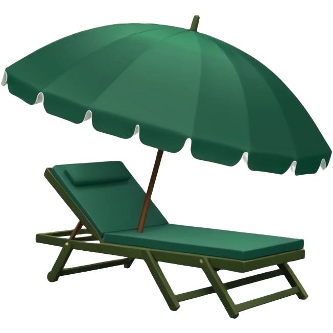 dark green lounge chair and white beach umbrella, minimalism, iOS emoji style, no faces or smileys emoji
