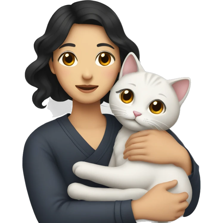 Asian Woman with black wavy hair hugging asian man holding a cat emoji