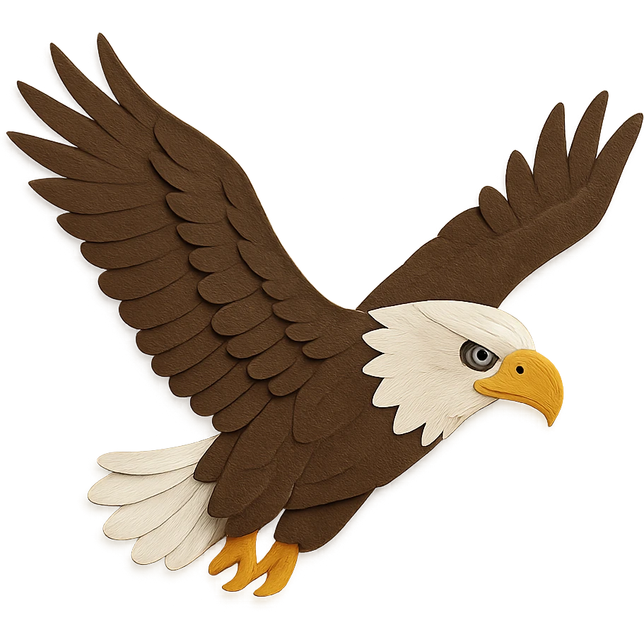 close-up of a flying bald eagle, paper craft style, fine paper edges, intense gaze, white and brown feather patterns, yellow beak, wings extended emoji